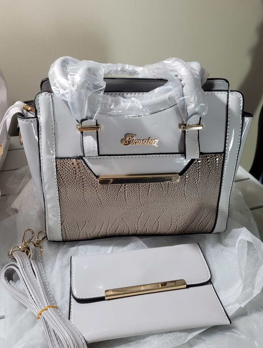 Elegant Light Grey and Gold Women's Satchel with Matching Wallet